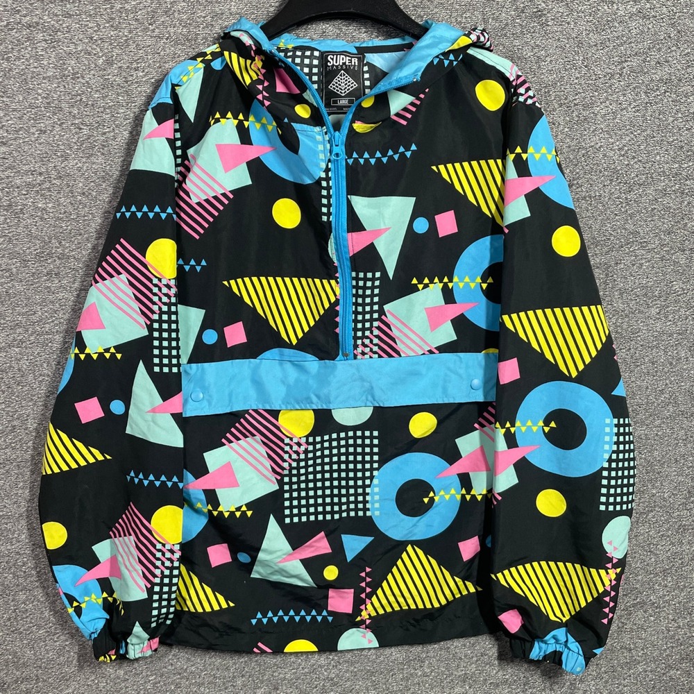Super Massive Jacket Mens Large 90s Retro Geometric Windbreaker Quarter Zip